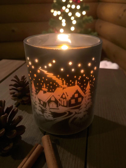 Christmas scene Scented Black Glass 200g Container Candle