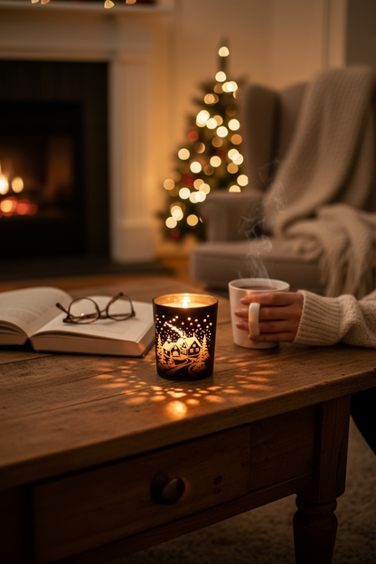 Christmas scene Scented Black Glass 200g Container Candle