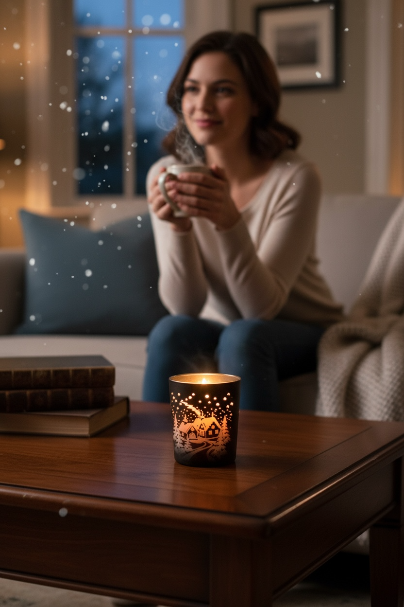 Christmas scene Scented Black Glass 200g Container Candle