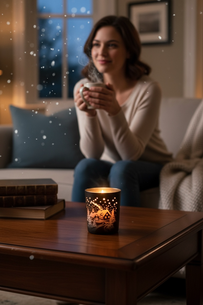 Christmas scene Scented Black Glass 200g Container Candle