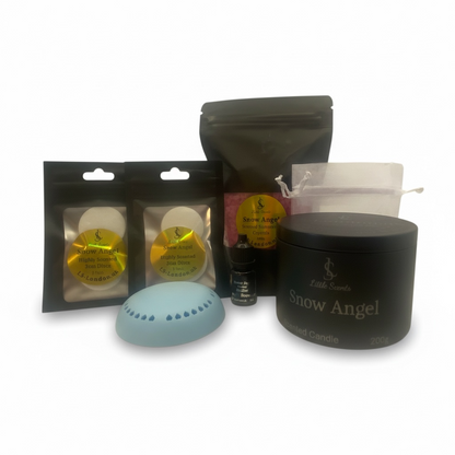 The Ultimate Snow Angel Bundle | 2 Packs x3 highly Scented Hoover Discs + Bin Diffuser/Air Freshener | 200g Sizzlers + 5ml Scent Booster & 2 Freshie bags | 200g Luxury Woodwick Candle Tin