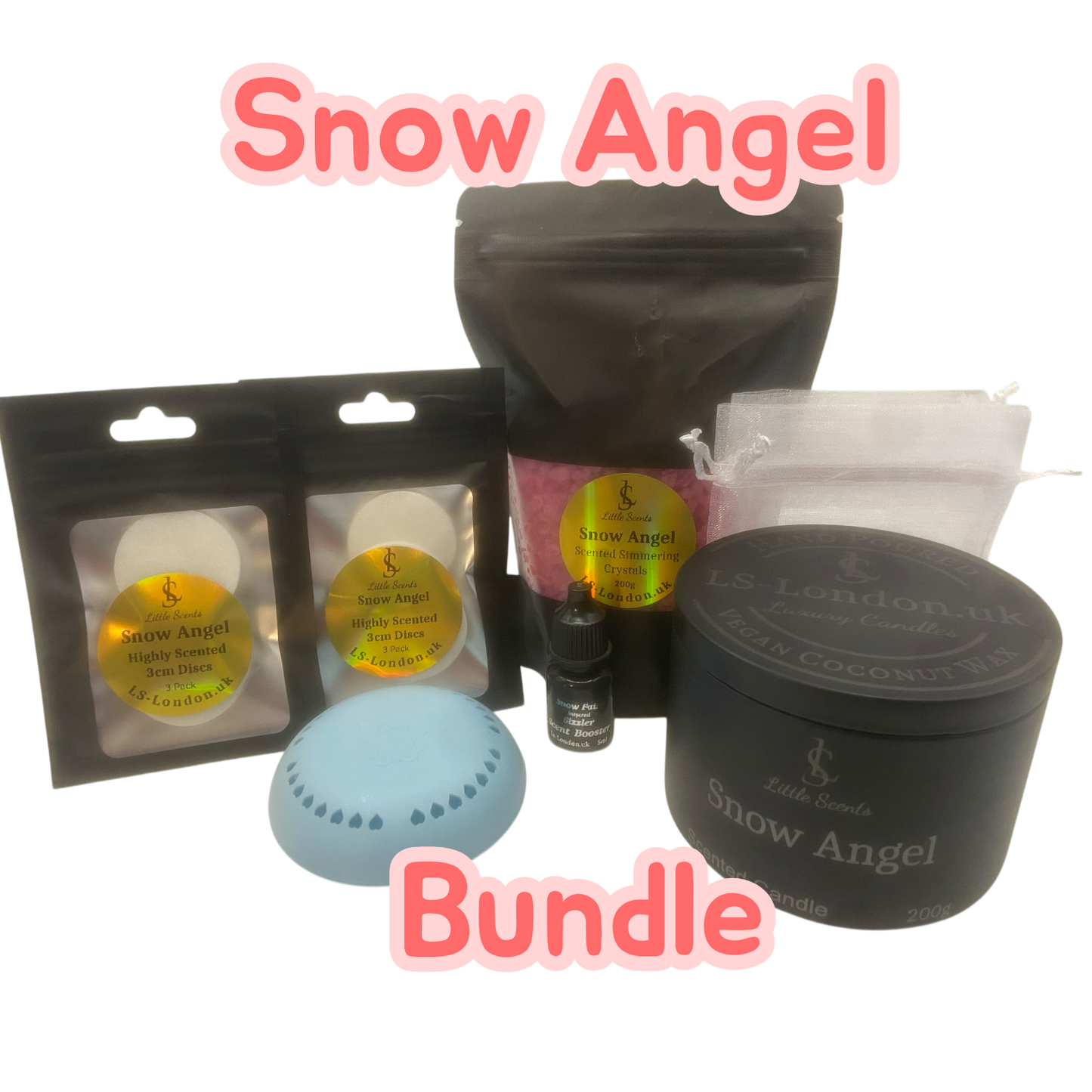 The Ultimate Snow Angel Bundle | 2 Packs x3 highly Scented Hoover Discs + Bin Diffuser/Air Freshener | 200g Sizzlers + 5ml Scent Booster & 2 Freshie bags | 200g Luxury Woodwick Candle Tin