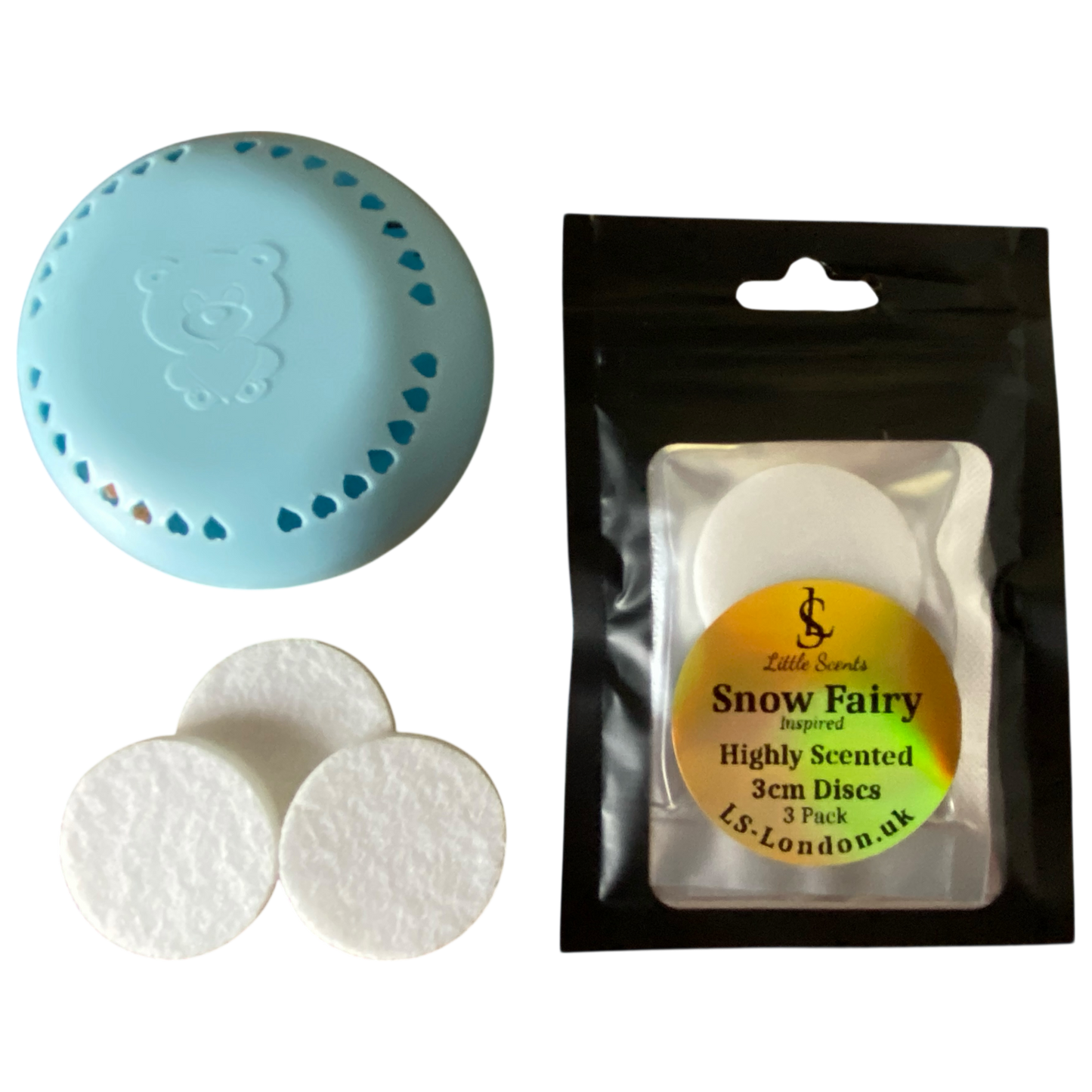 Blue diffuser, white discs, and packaging labeled 'Snow Fairy' by L.S. London on a white background.