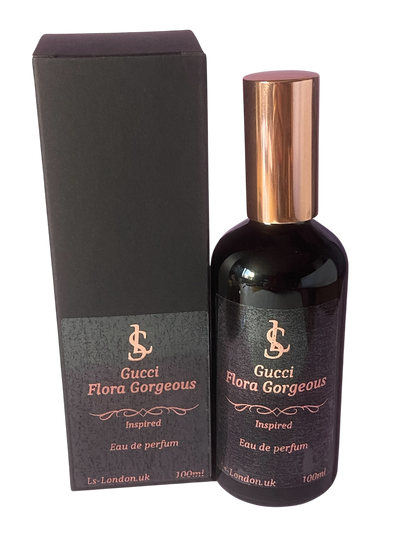 Ls London's Dupe designer perfume inspired by Gucci Flora Gorgeous perfume bottle and packaging